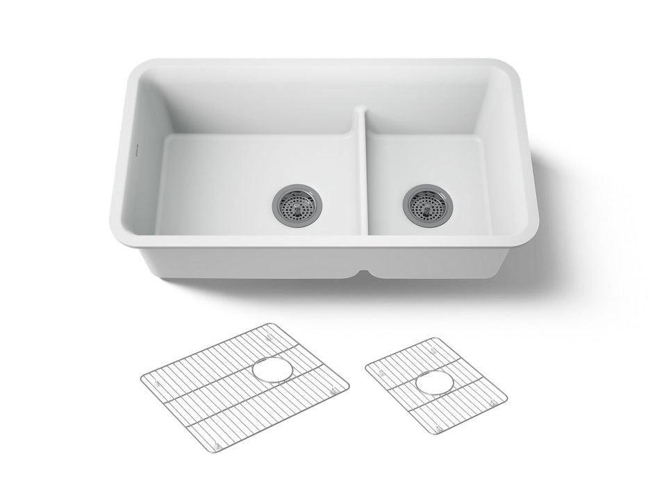KOHLER K-27786 Cairn Smart Divide 33-1/2" undermount double-bowl kitchen sink, matte white