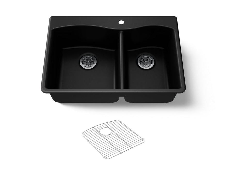 KOHLER K-28002-1 Kennon 33" top-/undermount double-bowl kitchen sink, matte black