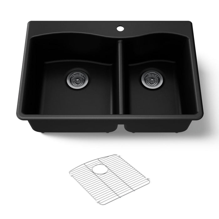 KOHLER K-28002-1 Kennon 33" top-/undermount double-bowl kitchen sink, matte black - view 3