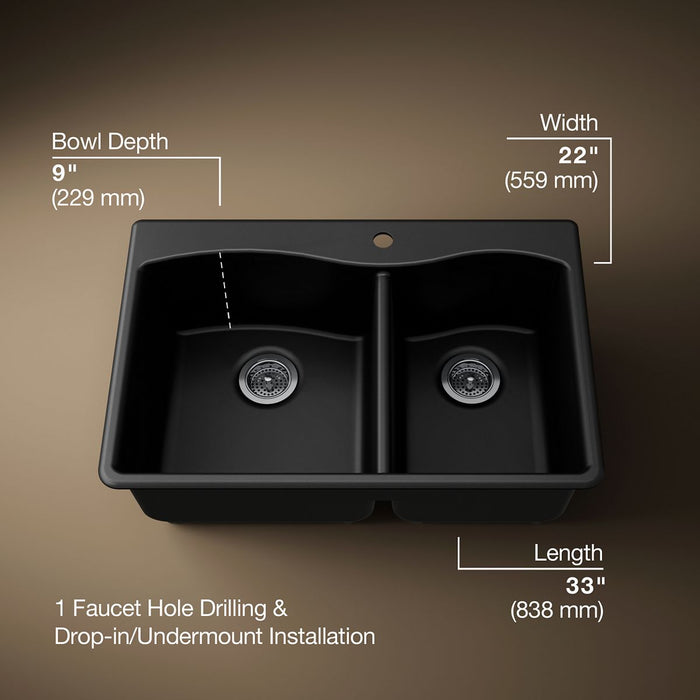 KOHLER K-28002-1 Kennon 33" top-/undermount double-bowl kitchen sink, matte black - view 4