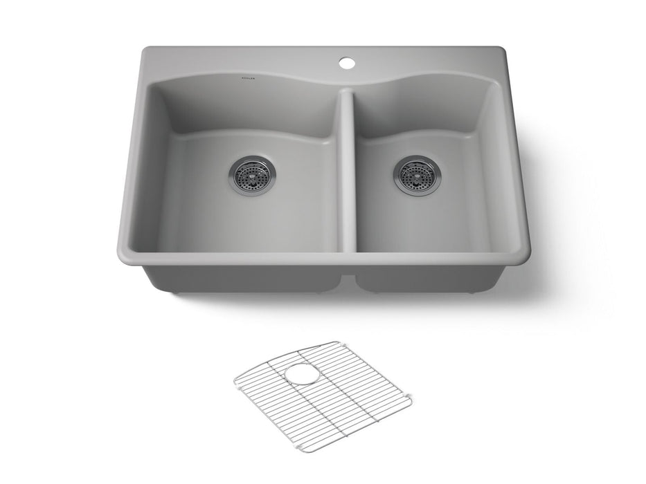 KOHLER K-28002-1 Kennon 33" top-/undermount double-bowl kitchen sink, matte grey