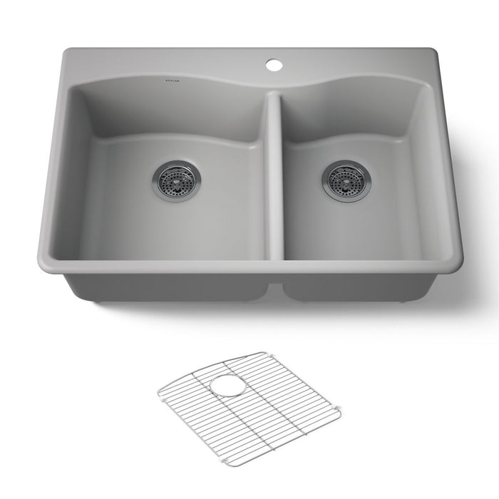 KOHLER K-28002-1 Kennon 33" top-/undermount double-bowl kitchen sink, matte grey - view 4
