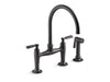 KOHLER K-28356 Edalyn by Studio McGee Two-hole bridge kitchen sink faucet with side sprayer, matte black