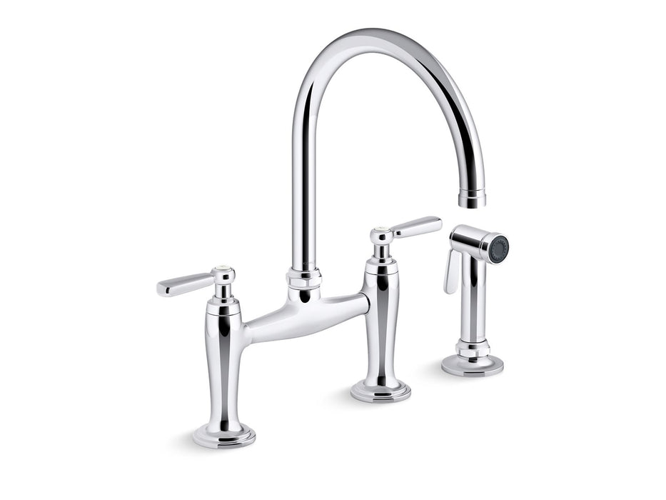 KOHLER K-28356 Edalyn by Studio McGee Two-hole bridge kitchen sink faucet with side sprayer, polished chrome