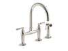 KOHLER K-28356 Edalyn by Studio McGee Two-hole bridge kitchen sink faucet with side sprayer, vibrant polished nickel
