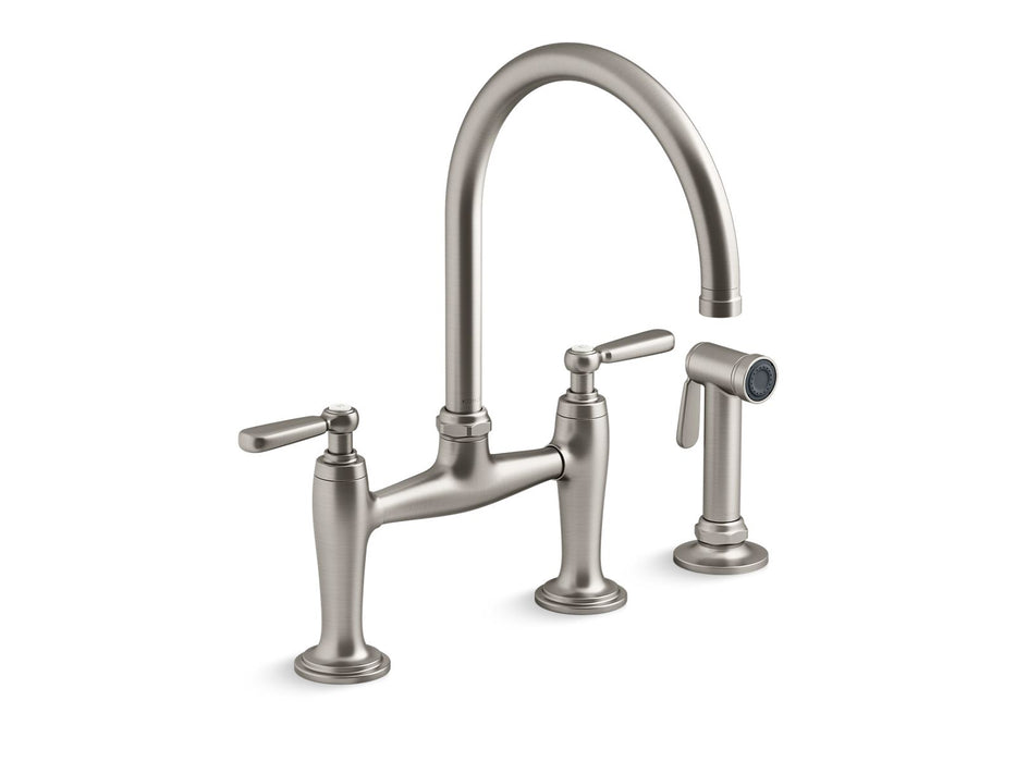KOHLER K-28356 Edalyn by Studio McGee Two-hole bridge kitchen sink faucet with side sprayer, vibrant stainless