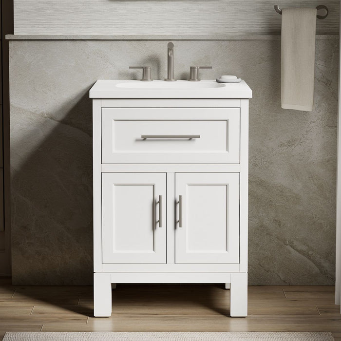 KOHLER K-28379-ASB Quo 24" Bathroom Vanity Cabinet with Sink and Quartz Top, White - Shows close up detail of product in room