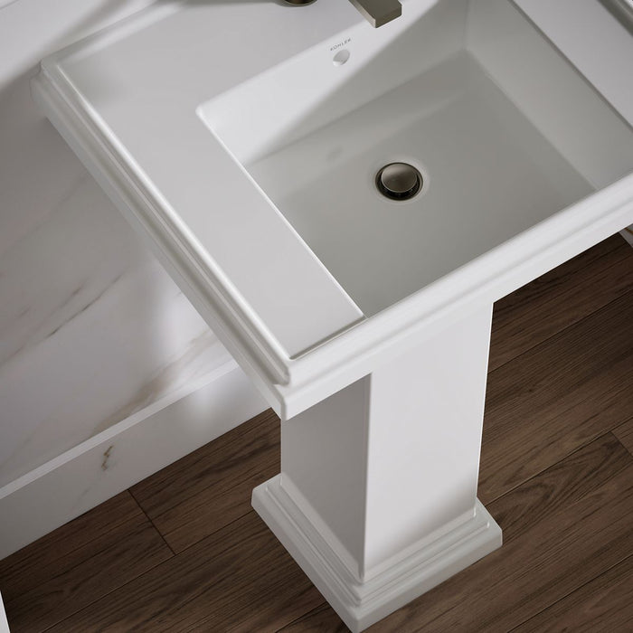KOHLER K-2844-1 Tresham 24" Square Pedestal Bathroom Sink, White - Shows close up detail of product in room