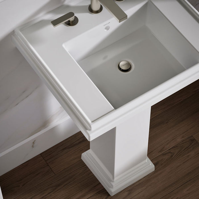 KOHLER K-2844-8 Tresham 24" Square Pedestal Bathroom Sink, White - Shows close up detail of product in room