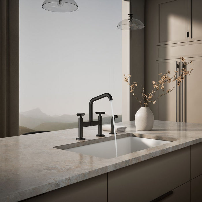 KOHLER K-28665-3 Billet Two-hole bridge kitchen sink faucet with side sprayer, matte black - view 5