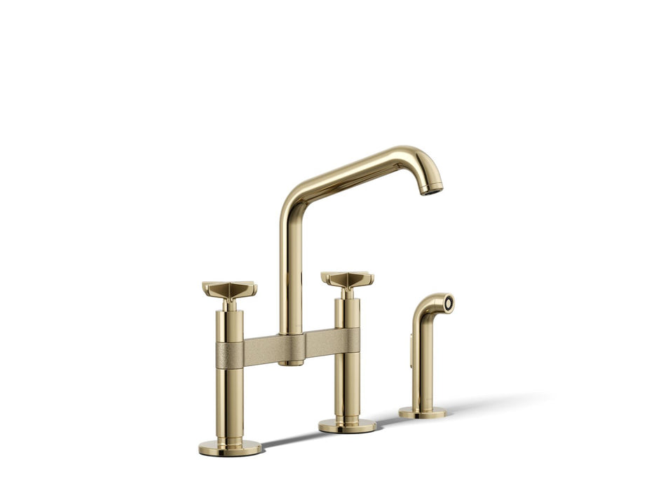 KOHLER K-28665-3 Billet Two-hole bridge kitchen sink faucet with side sprayer, vibrant french gold