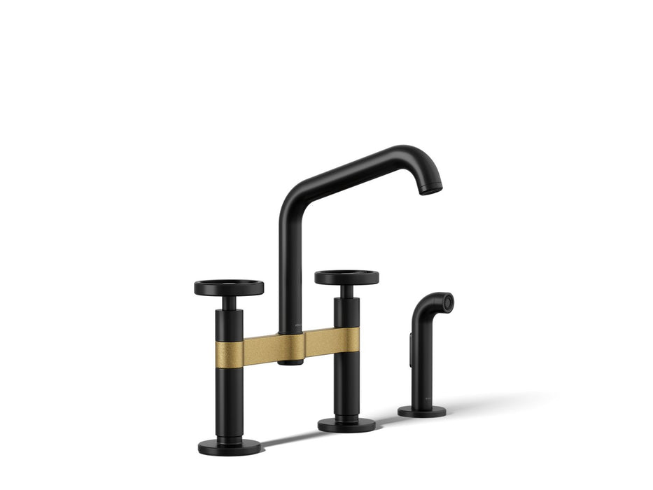 KOHLER K-28665-9 Billet Two-hole bridge kitchen sink faucet with side sprayer