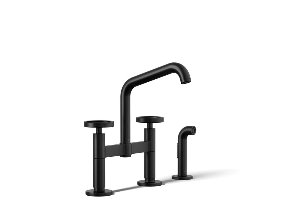 KOHLER K-28665-9 Billet Two-hole bridge kitchen sink faucet with side sprayer