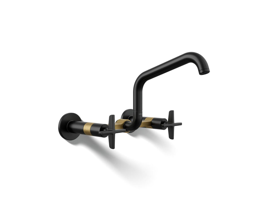 KOHLER K-28666-3 Billet Two-hole wall-mount bridge kitchen sink faucet, matte black with brushed moderne brass