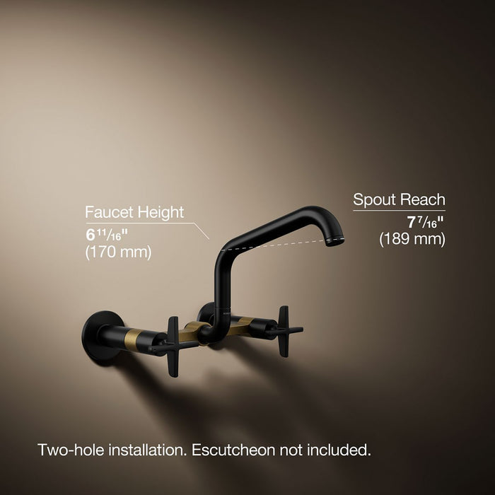KOHLER K-28666-3 Billet Two-hole wall-mount bridge kitchen sink faucet, matte black with brushed moderne brass - view 4