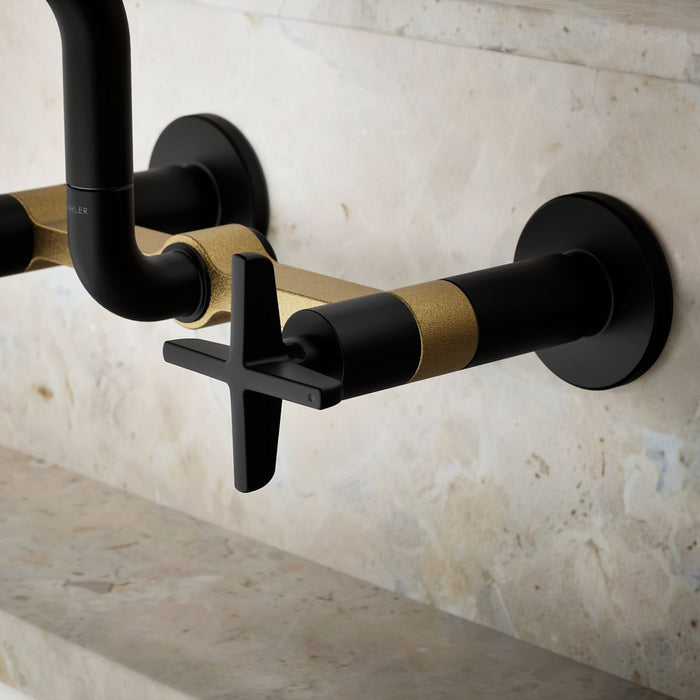 KOHLER K-28666-3 Billet Two-hole wall-mount bridge kitchen sink faucet, matte black with brushed moderne brass - view 5