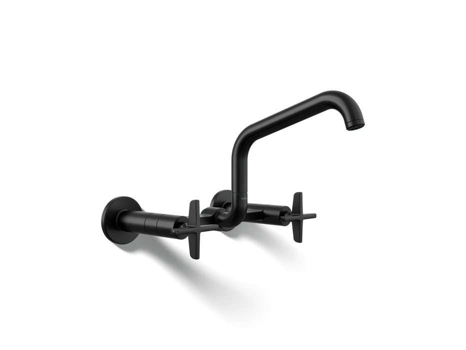 KOHLER K-28666-3 Billet Two-hole wall-mount bridge kitchen sink faucet, matte black