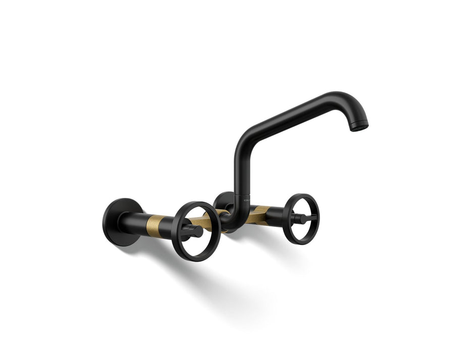 KOHLER K-28666-9 Billet Two-hole wall-mount bridge kitchen sink faucet, matte black with brushed moderne brass