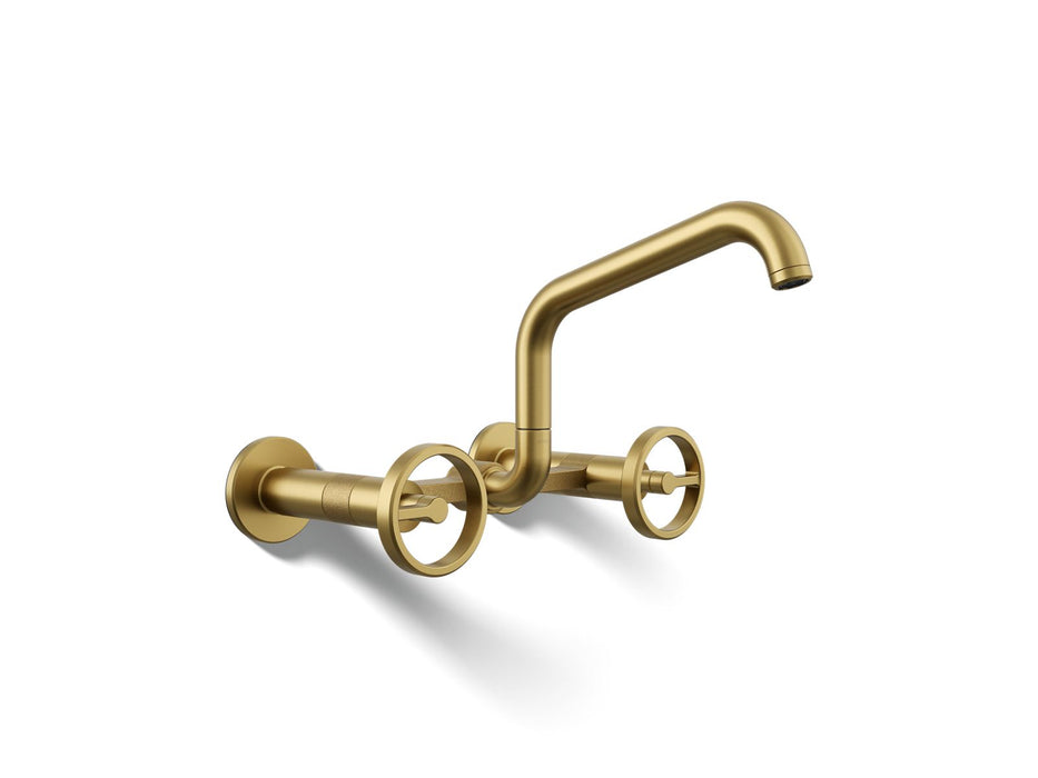 KOHLER K-28666-9 Billet Two-hole wall-mount bridge kitchen sink faucet, vibrant brushed moderne brass