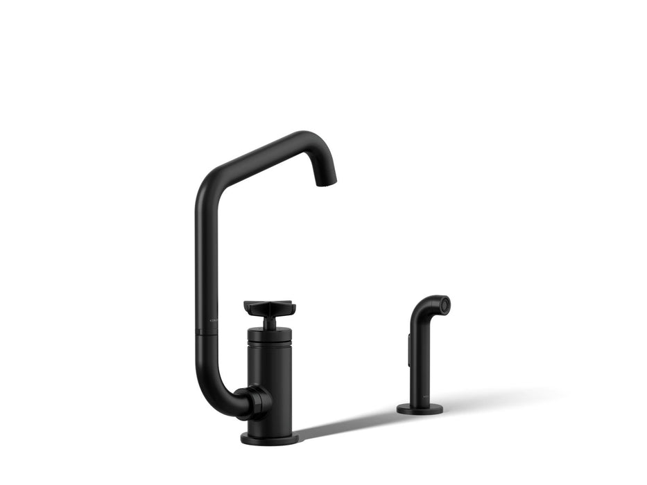 KOHLER K-28667-3 Billet Single-handle bar sink faucet with two-function extended-reach spout and side sprayer, matte black