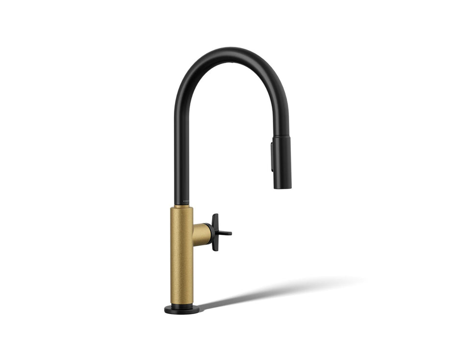 KOHLER K-28669-3 Billet Pull-down kitchen sink faucet with two-function sprayhead, matte black with brushed moderne brass