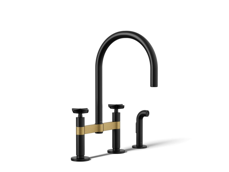 KOHLER K-28673-3 Billet Two-hole bridge kitchen sink faucet with side sprayer, matte black with brushed moderne brass