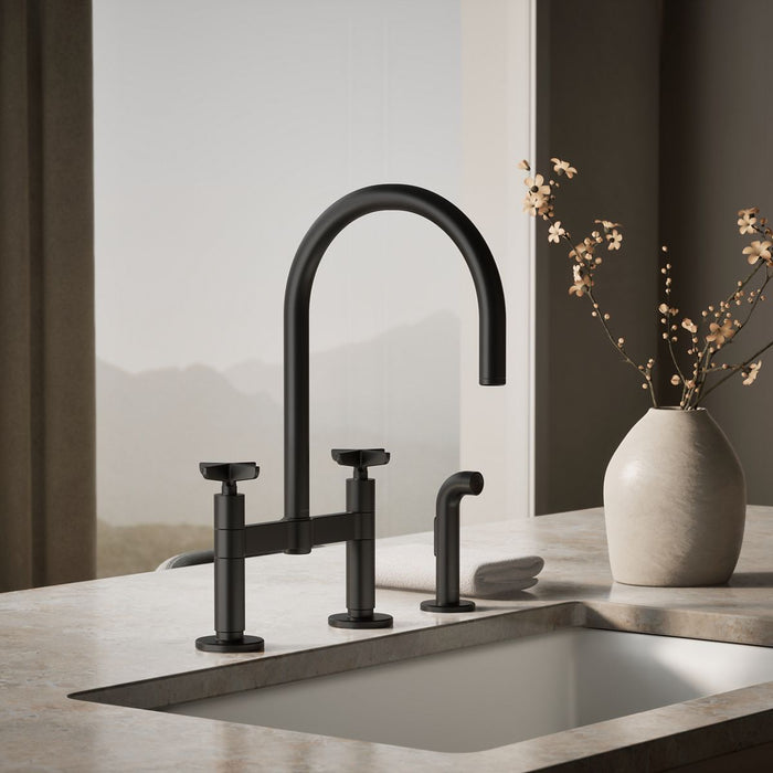 KOHLER K-28673-3 Billet Two-hole bridge kitchen sink faucet with side sprayer, matte black - view 4