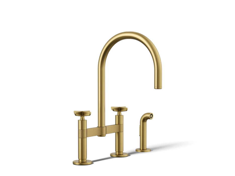 KOHLER K-28673-3 Billet Two-hole bridge kitchen sink faucet with side sprayer, vibrant brushed moderne brass