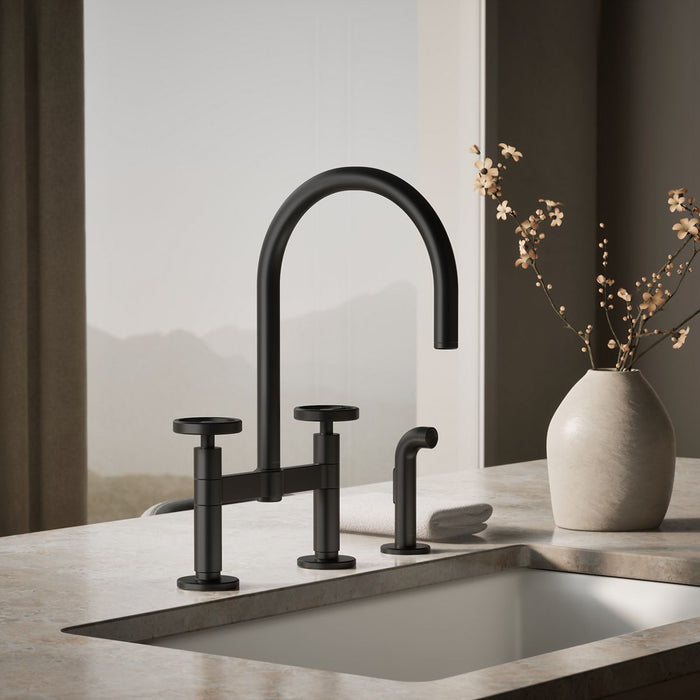 KOHLER K-28673-9 Billet Two-hole bridge kitchen sink faucet with side sprayer, matte black - view 5