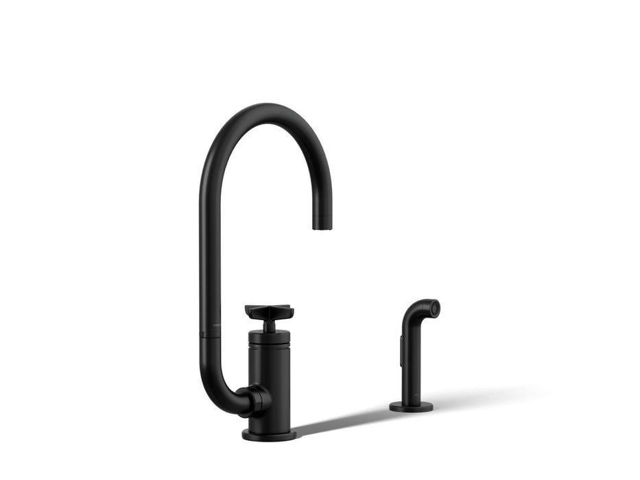 KOHLER K-28675-3 Billet Single-handle bar sink faucet with two-function extended-reach spout and side sprayer, matte black