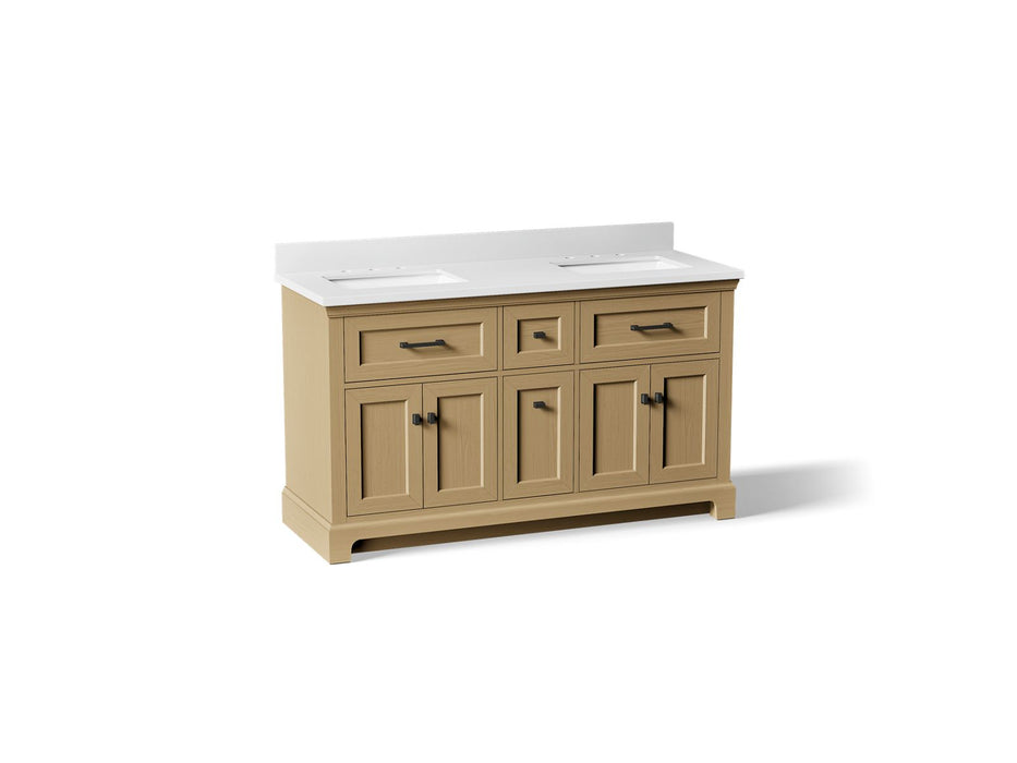 KOHLER K-29263-BD1 Charlemont 60" bathroom vanity cabinet with sinks and quartz top, light oak