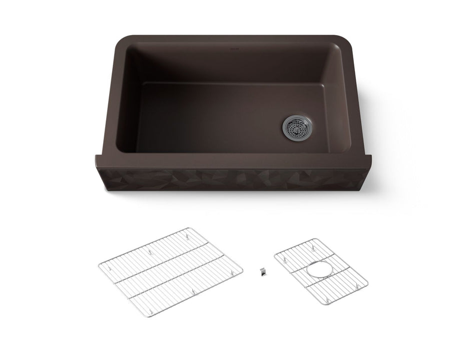 KOHLER K-29825 Cairn 34" undermount single-bowl farmhouse kitchen sink with faceted design, matte brown