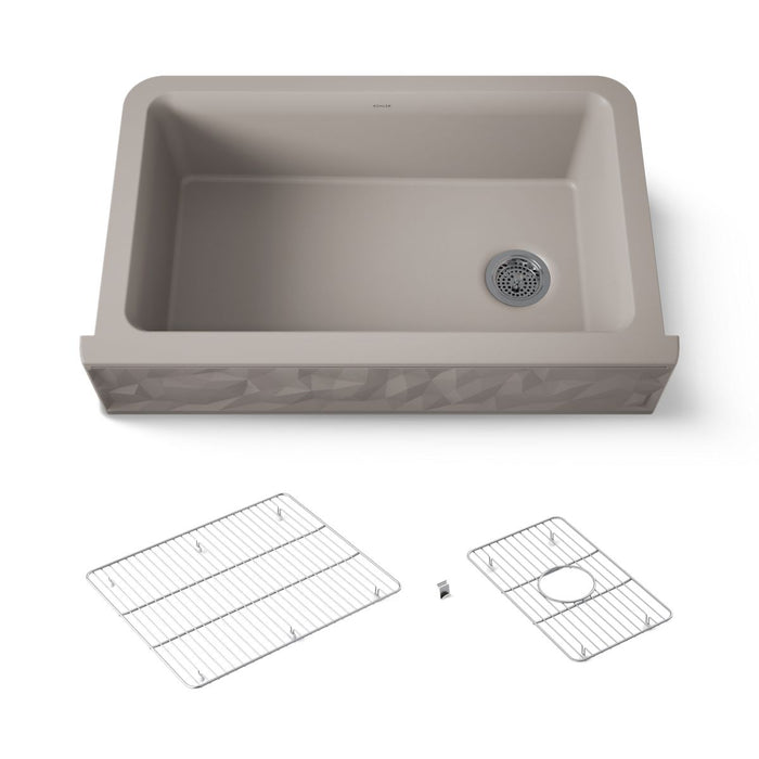 KOHLER K-29825 Cairn 34" undermount single-bowl farmhouse kitchen sink with faceted design, matte taupe - view 5