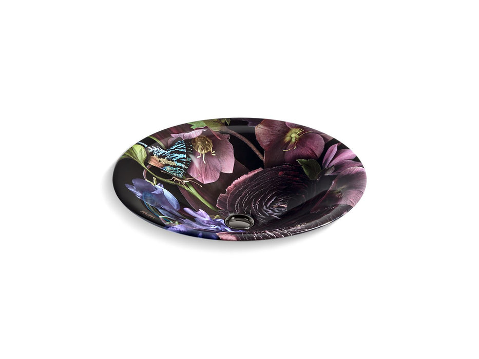 KOHLER K-30333-DM2 Dutchmaster 17-3/4" round drop-in bathroom sink, no overflow, midnight floral