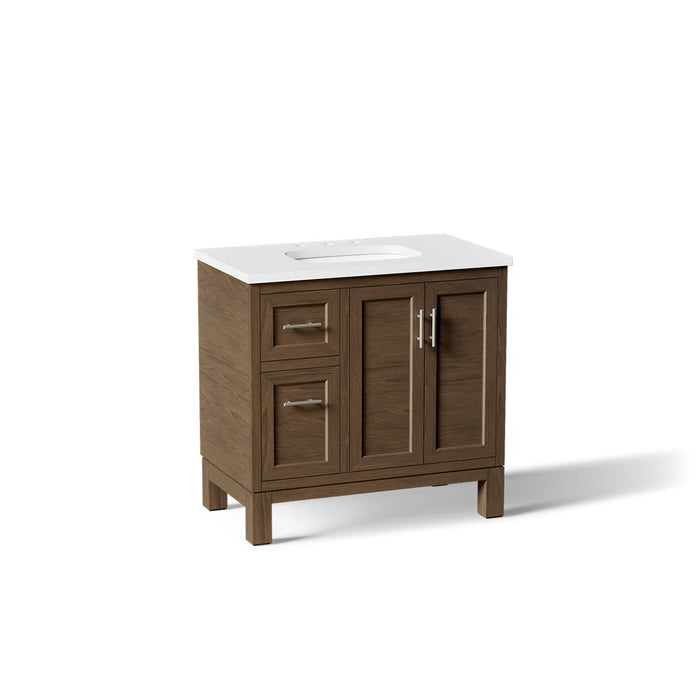 KOHLER K-31244-ASB Quo 36" Bathroom Vanity Cabinet with Sink and Quartz Top, Draper Oak - 3/4 view of product