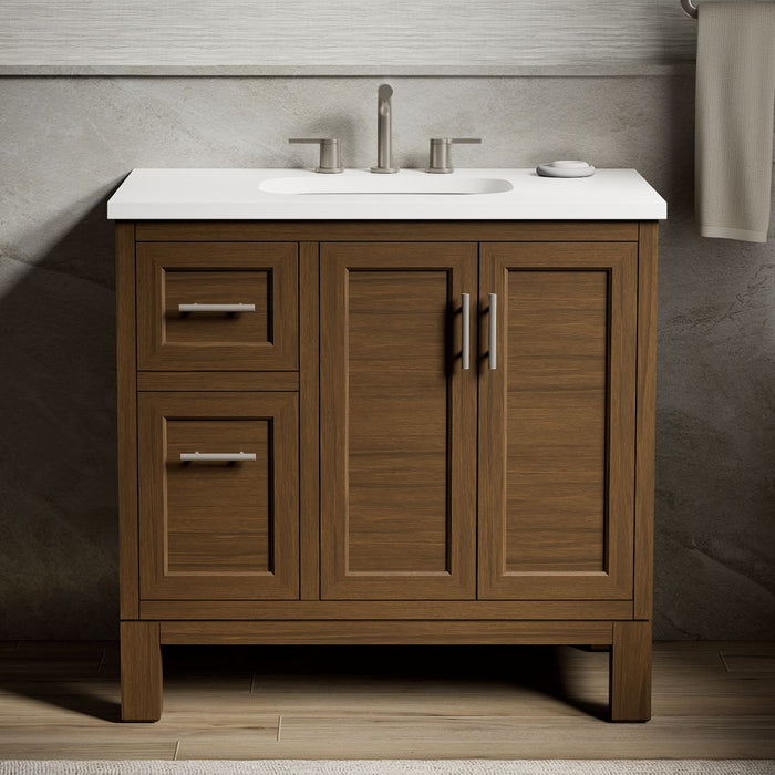 KOHLER K-31244-ASB Quo 36" Bathroom Vanity Cabinet with Sink and Quartz Top, Draper Oak - Shows close up detail of product in