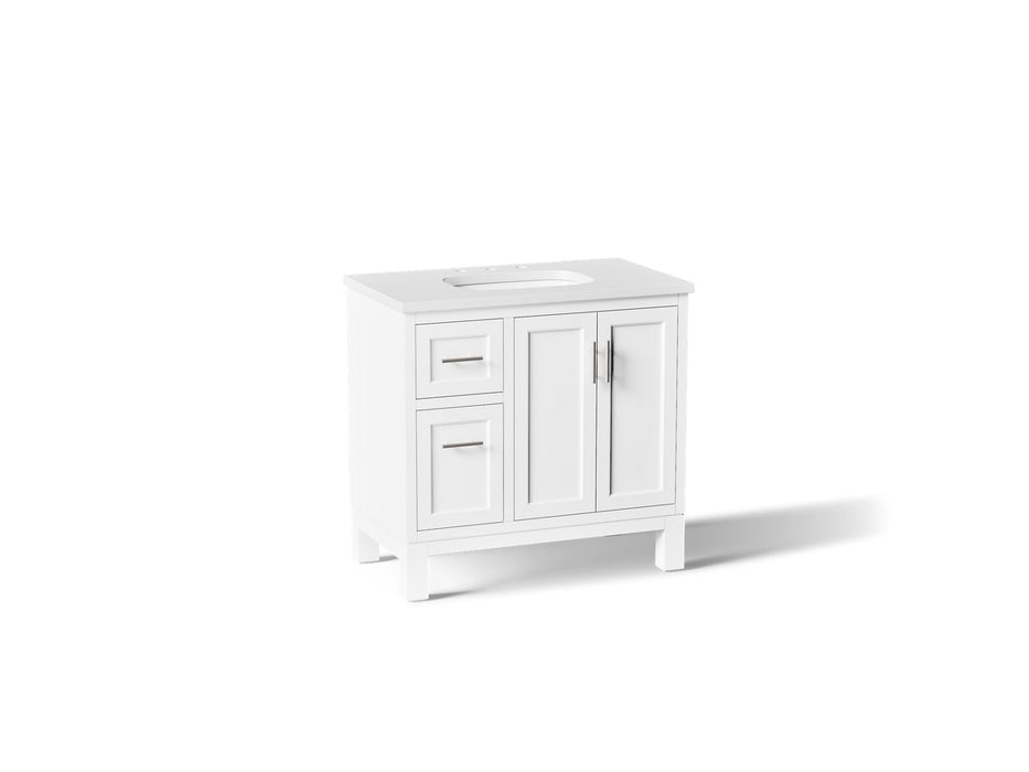 KOHLER K-31244-ASB Quo 36" Bathroom Vanity Cabinet with Sink and Quartz Top, White - 3/4 view of product
