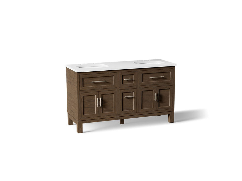 KOHLER K-31246-ASB Quo 60" Bathroom Vanity Cabinet with Sinks and Quartz Top, Draper Oak - 3/4 view of product