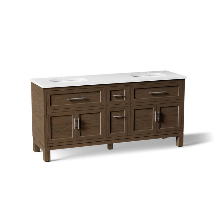 KOHLER K-31247-ASB Quo 72" Bathroom Vanity Cabinet with Sinks and Quartz Top, Draper Oak - 3/4 view of product
