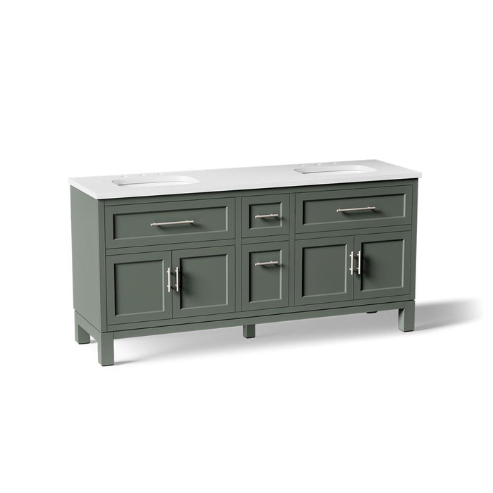 KOHLER K-31247-ASB Quo 72" Bathroom Vanity Cabinet with Sinks and Quartz Top, Umbral Green - 3/4 view of product