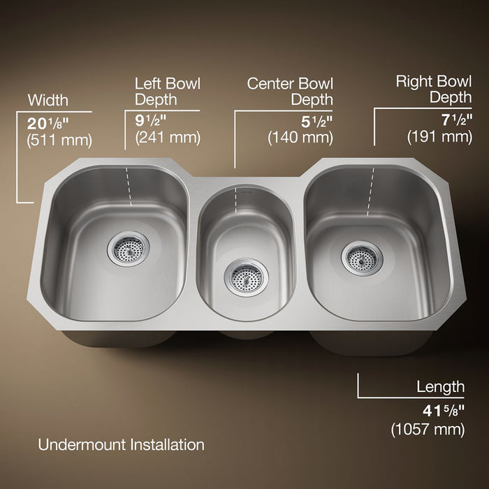 KOHLER K-3166 Undertone 41-3/4" undermount triple-bowl kitchen sink, stainless steel - view 5