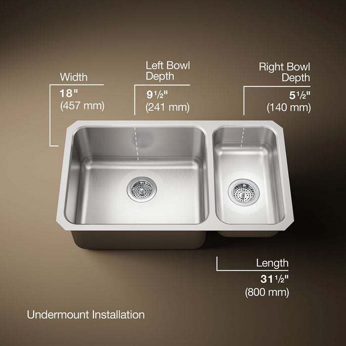 KOHLER K-3174 Undertone 31-1/2" undermount double-bowl kitchen sink, stainless steel - view 5
