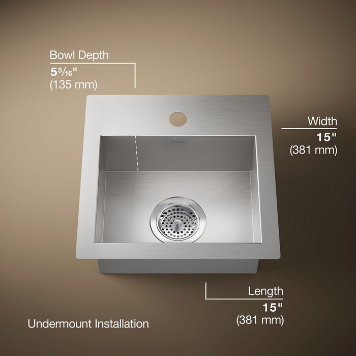 KOHLER K-32027-1 Vault 15" top-/undermount single-bowl bar sink, stainless steel - view 5