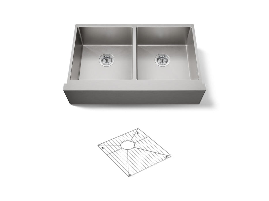 KOHLER K-33159 Strive 35-1/2" undermount double-bowl farmhouse kitchen sink with accessories, stainless steel