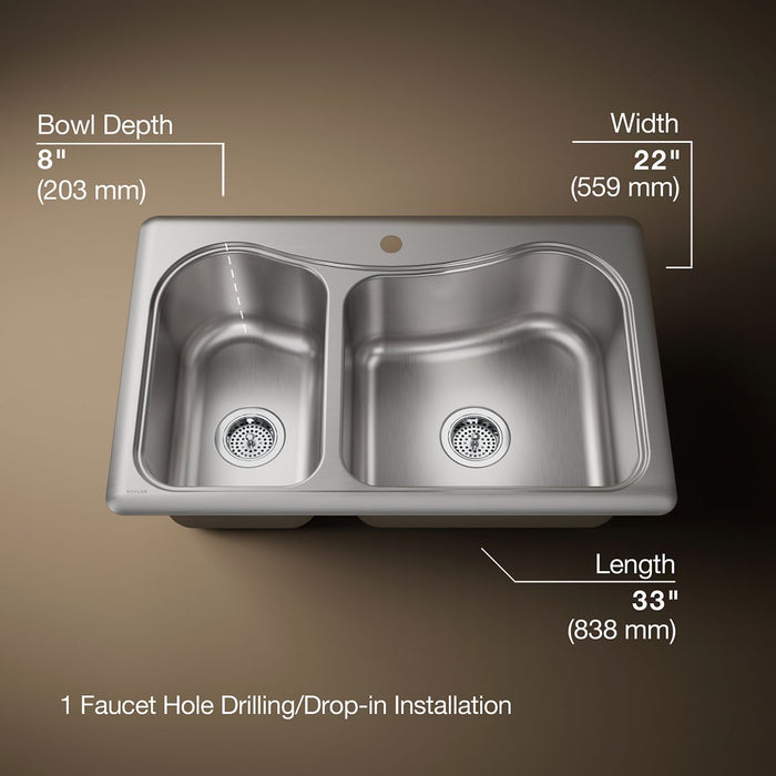 KOHLER K-3361-1 Staccato 33" top-mount double-bowl kitchen sink, stainless steel - view 4