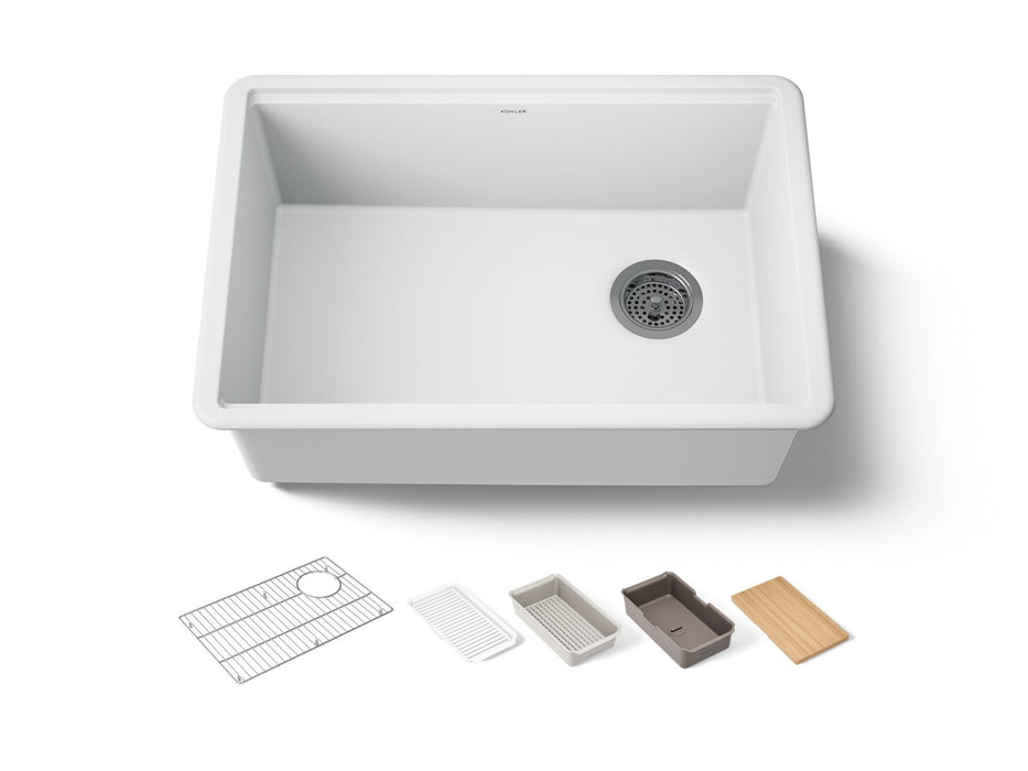 KOHLER K-33713-PC Billings 27" undermount single-bowl workstation kitchen sink, matte white