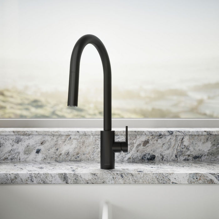 KOHLER K-34906 Elate Pull-down Kitchen Sink Faucet with Two-function Sprayhead, Matte Black - image focused on single product
