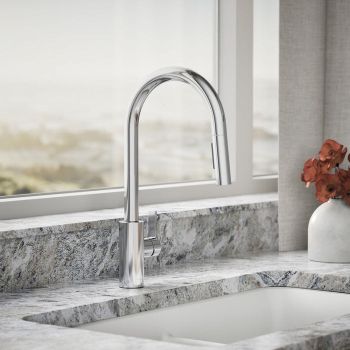 KOHLER K-34906 Elate Pull-down Kitchen Sink Faucet with Two-function Sprayhead, Polished Chrome - Shows close up detail of pr