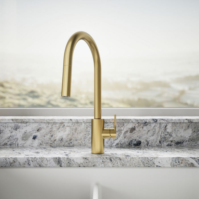 KOHLER K-34906 Elate Pull-down Kitchen Sink Faucet with Two-function Sprayhead, Vibrant Brushed Moderne Brass - image focused