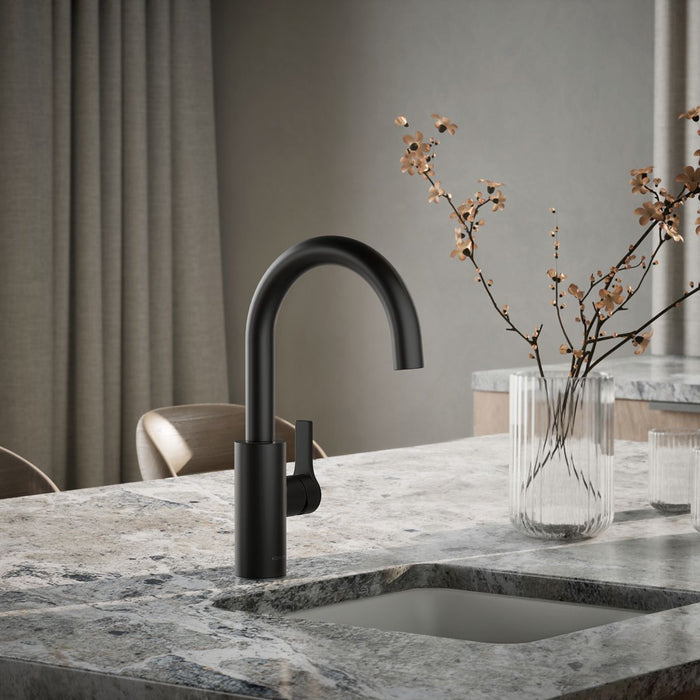 KOHLER K-34908 Elate Single-handle Bar Sink Faucet, Matte Black - Shows close up detail of product in room
